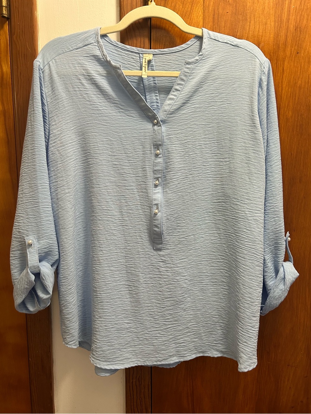 grand & greene Light Blue Textured Button-Front Blouse